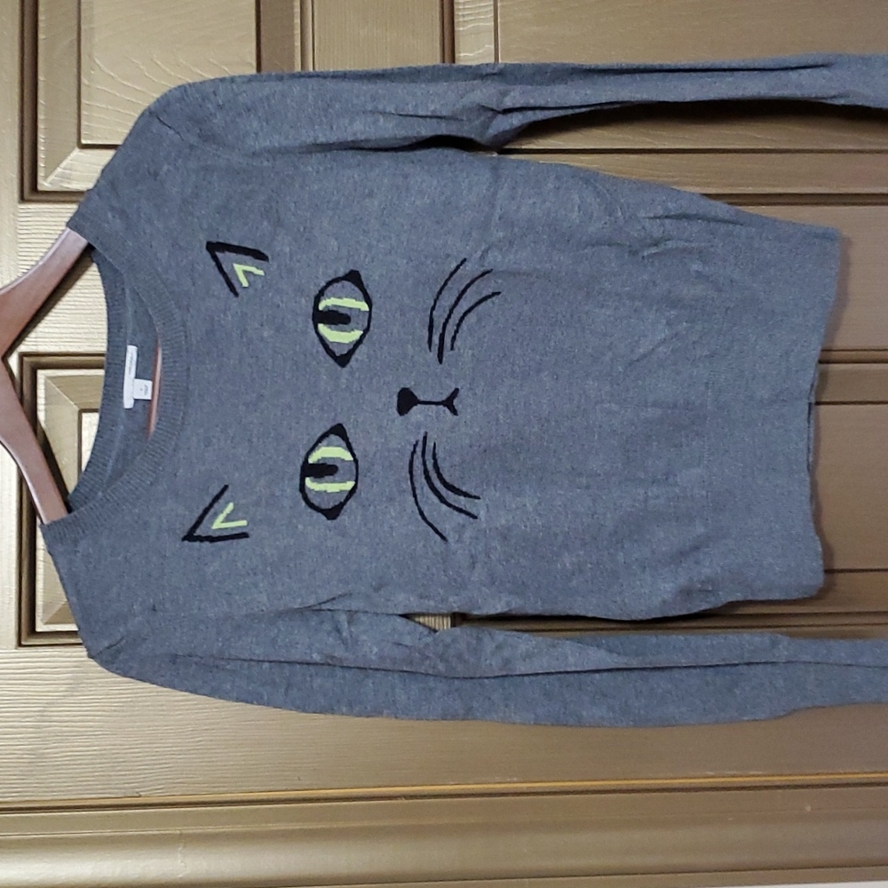 Halogen Cat Kitten mixed cotton sweater, size S, gray and lime green